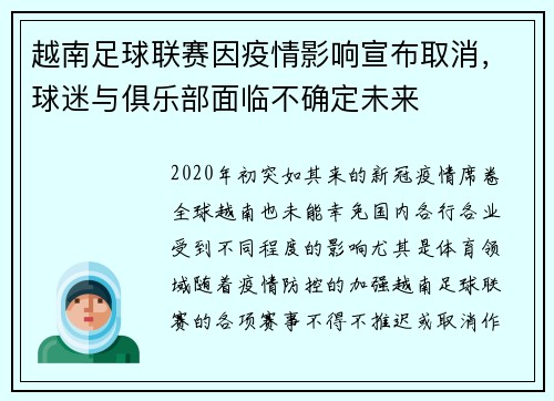 越南足球联赛因疫情影响宣布取消，球迷与俱乐部面临不确定未来