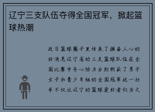 辽宁三支队伍夺得全国冠军，掀起篮球热潮