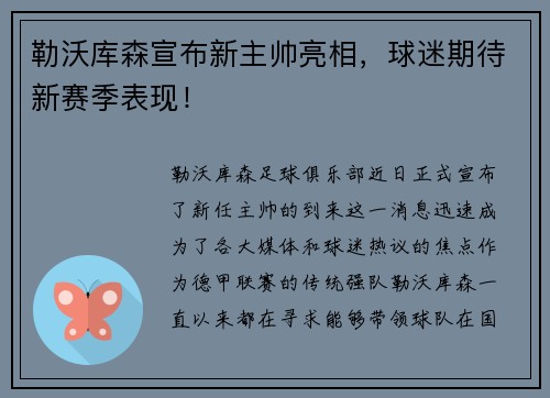 勒沃库森宣布新主帅亮相，球迷期待新赛季表现！